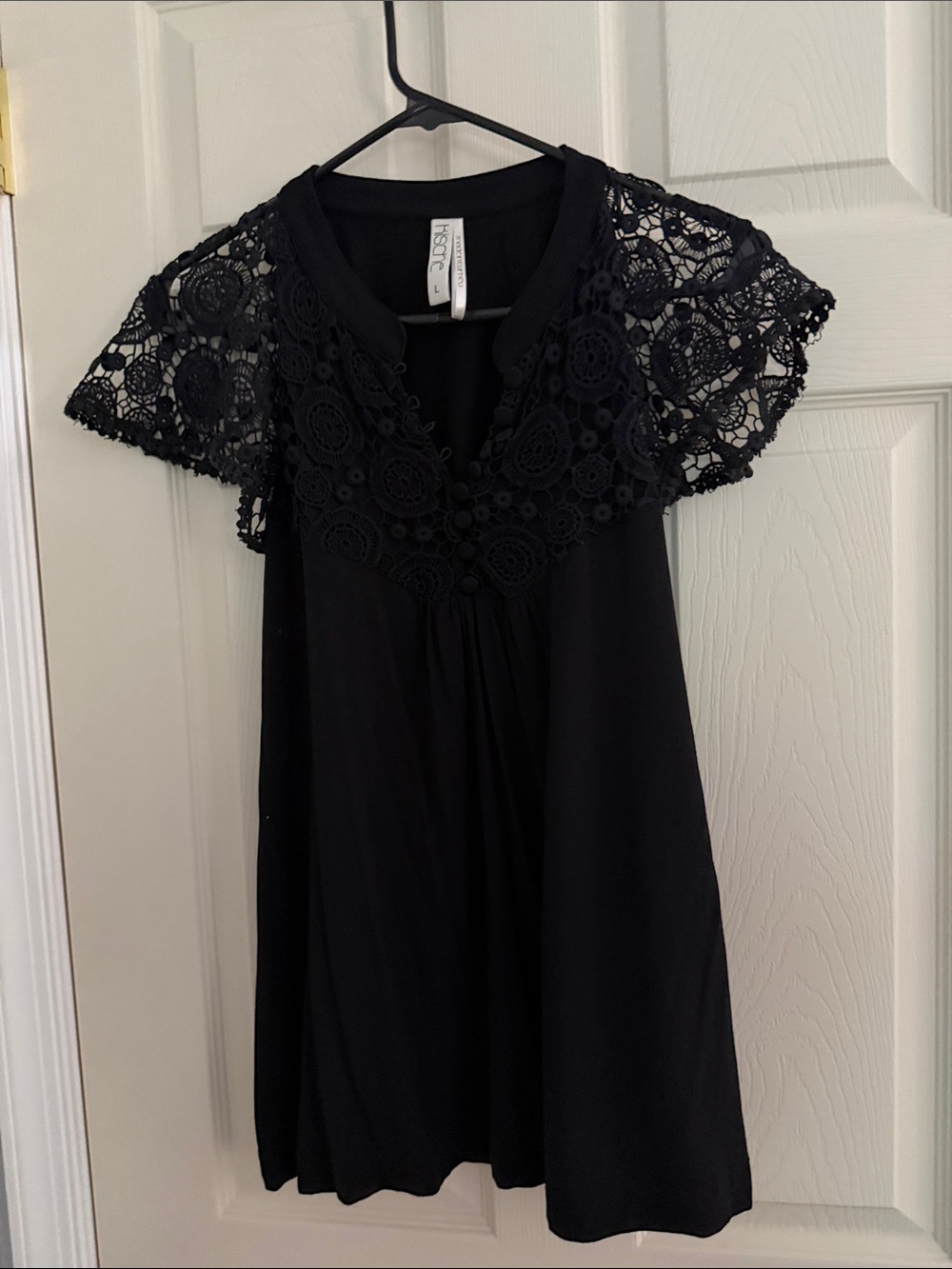 Kische Black Short Sleeve Crochet Yoke Top
